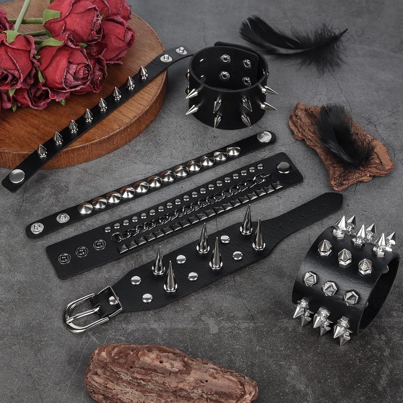 JOLYEAK Punk Leather Rivets Bracelets Punk Rock Leather Studded Bracelets 80s Wristband Emo Gothic Spike Cuff Bracelet Set for Men Women Rocker Outfits Skull Bracelet - Image 3